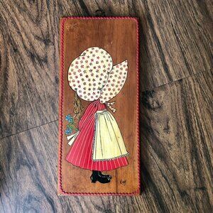 Vintage 1970s Girl with Bonnet Painting on Wood Sign
